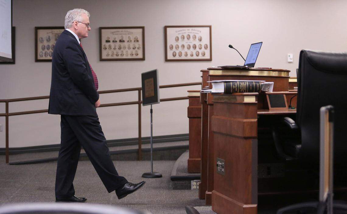 S.C. Treasurer Curtis Loftis steps back towards the podium following a break after senate members invited the room to reset after one of many heated exchanges on Tuesday, April 2, 2024 during a Finance Constitutional Subcommittee meeting concerning $1.8 billion that has been discovered in an account. (Travis Bell/STATEHOUSE CAROLINA)
