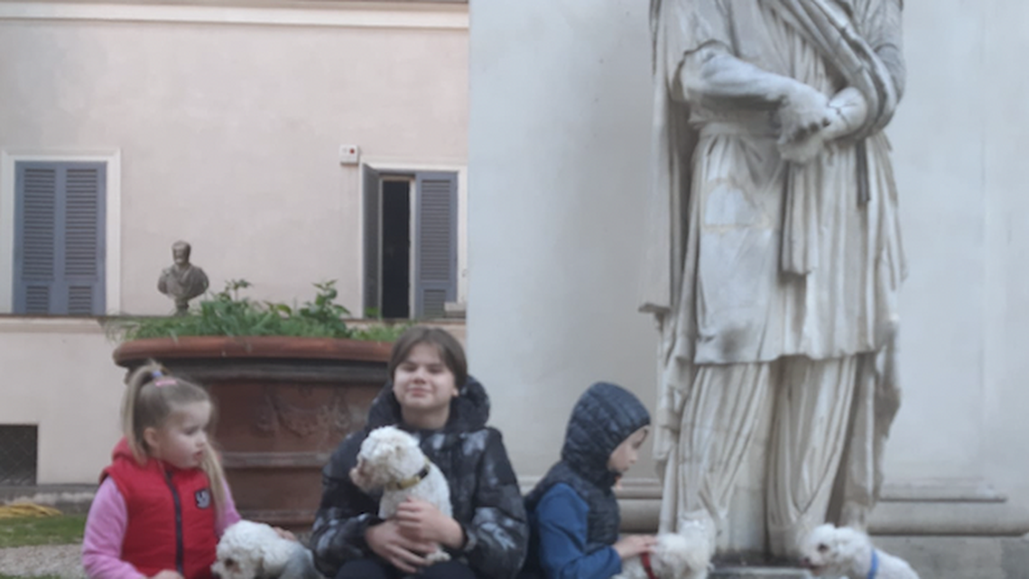 Liza Bratashevska, left, with brothers Oleksandr and Vlad at Villa Aurora in Rome.