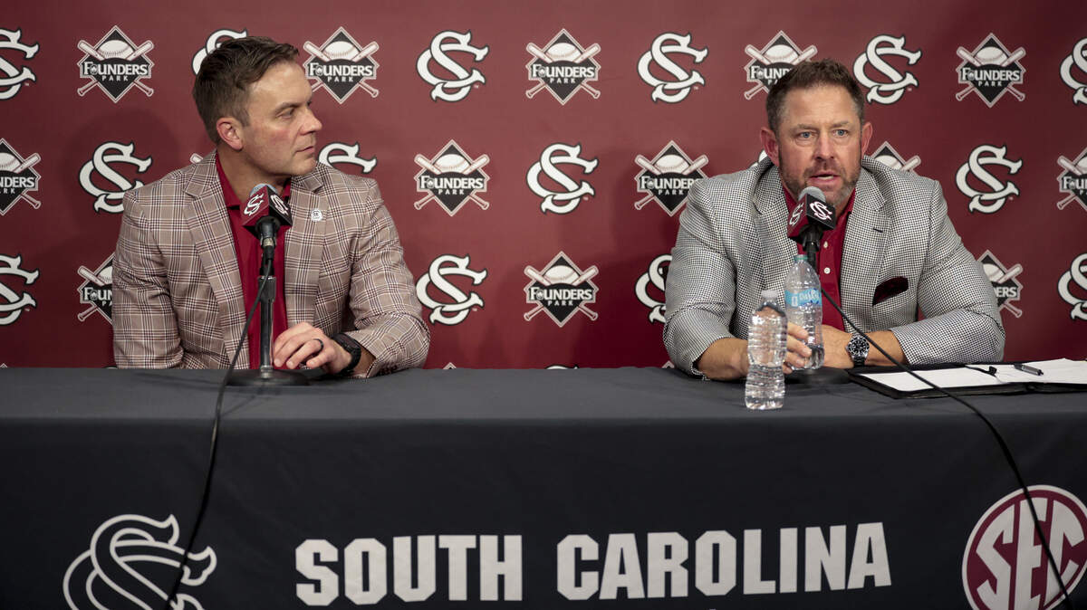 University of South Carolina athletic director Jeremiah Donati and new baseball coach Kevin Schnall speak during a press conference at Founders Park on Friday, June 12, 2026.