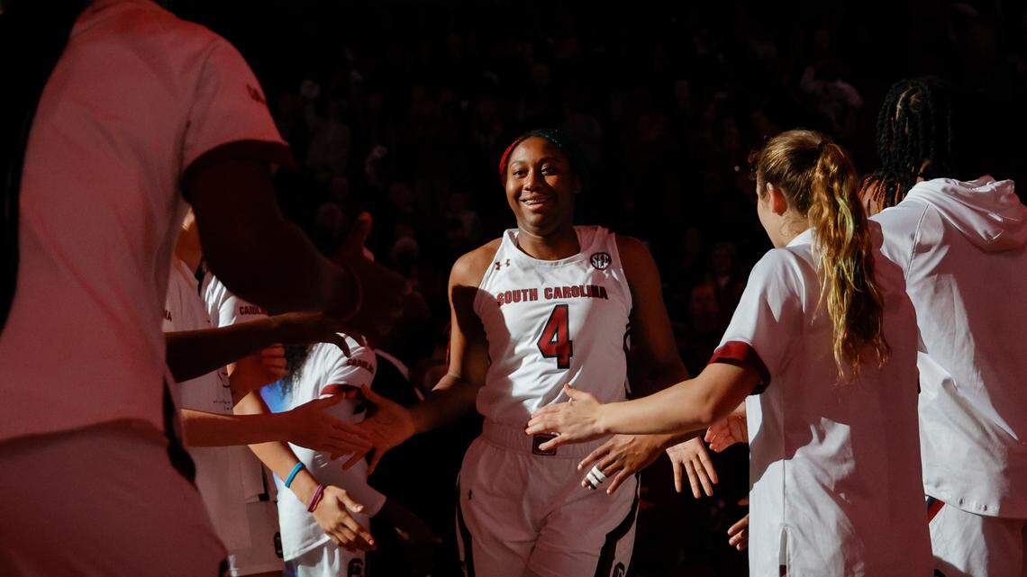 South Carolina’s Aliyah Boston (4) is announced during team introductions before the Gamecocks take on Texas A&M in the Colonial Life Arena on Thursday, Dec. 29, 2022.