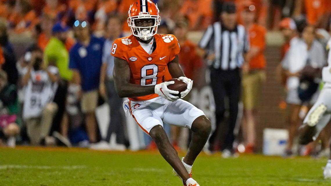 Clemson wide receiver Justyn Ross (8) is shown in action against Georgia Tech during an NCAA college football game Saturday, Sept. 18, 2021, in Clemson, S.C. (AP Photo/John Bazemore)