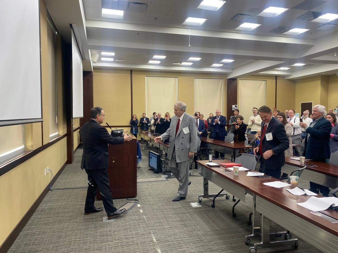 South Carolina Supreme Court Chief Justice John Kittredge (l) gave a rare award for lifetime legal accomplishment to Columbia attorney Jack Swerling on Friday, Dec. 13, 2024.