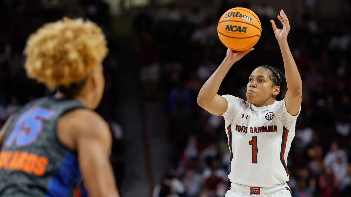 South Carolina guard Zia Cooke (1) shoots against Florida during the first half of an NCAA college basketball game in Columbia, S.C., Thursday, Feb. 16, 2023. (AP Photo/Nell Redmond)