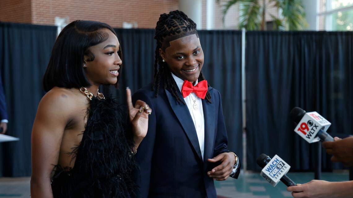 USC track athlete JaMeesia Ford and women’s basketball player MiLaysia Fulwiley speak with the media during the Gamecock Gala on Monday, April 22, 2024.