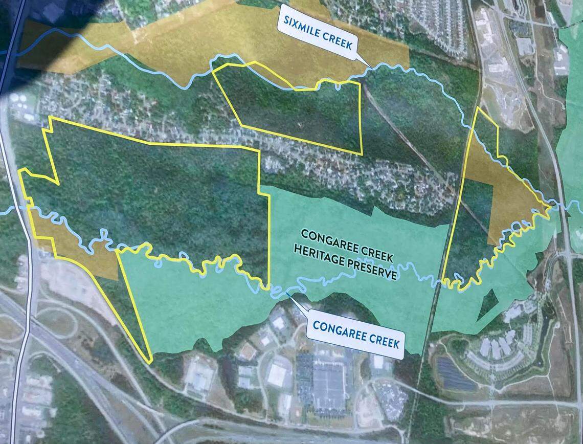 This map shows some of the land that would be acquired to expand the Congaree Creek Heritage Preserve, a nature park in Cayce. All told, the park would double in size if all the land under discussion for sale to the state is acquired.