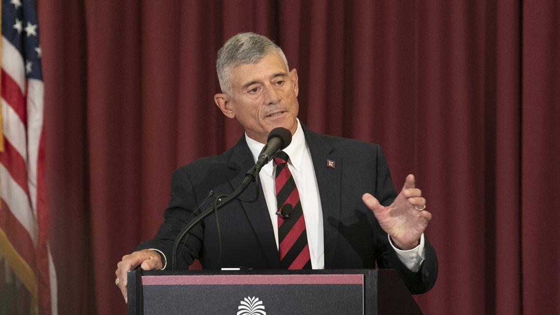 Robert Caslen discusses his plan for The University of South Carolina during his first press conference at the University of South Carolina Law School. 7/22/19