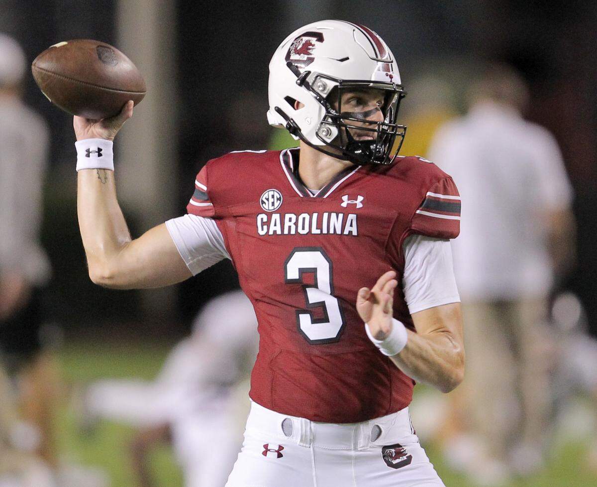 South Carolina quarterback Ryan Hilinski warms up before the Texas A&M game on Saturday Nov. 7, 2020 in Columbia, S.C. (Travis Bell/SIDELINE CAROLINA)