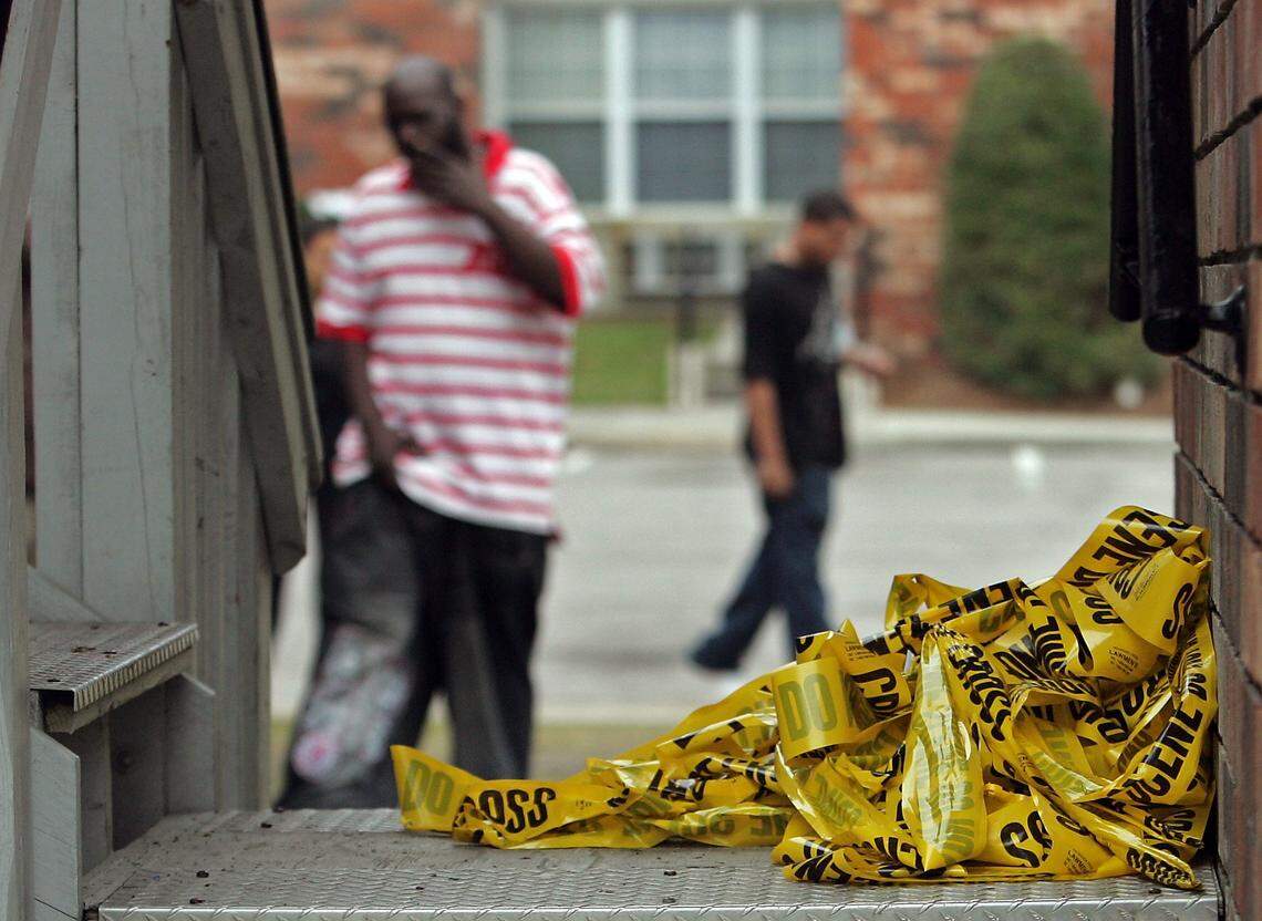Police tape could be seen on Feb. 25, 2008 near the area where a shooting occurred at Gable Oaks Apartment complex.  Charles McDaniel, 19, of Randall Avenue, died of an apparent gunshot wound.
