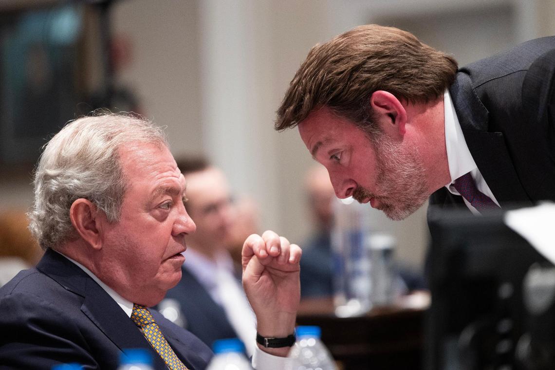 Defense attorney Dick Harpootlian and defense attorney Phillip Barber speak between questioning Micah Sturgis, cell phone forensics expert, during Alex Murdaugh’s trial for murder at the Colleton County Courthouse on Wednesday, February 22, 2023. Joshua Boucher/The State/Pool