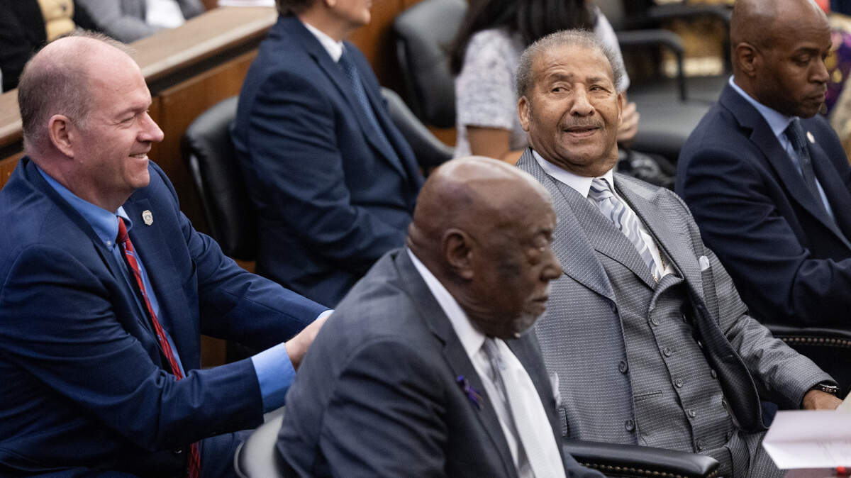 Rev. Simon Bouie and Charles Barr celebrate having their criminal record expunged during a hearing of the South Carolina Fifth Judicial Circuit at the Richland County Judicial Center on Friday, October 25, 2024. Barr, Bouie and others participated in sit-ins protesting segregation.