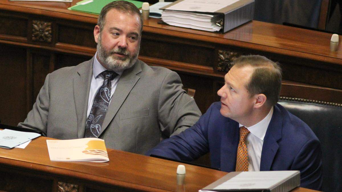Sen. Stephen Goldfinch, left, and Sen. Wes Climer are seen during session in Columbia, S.C. on Wednesday, March 23, 2022. (Travis Bell/STATEHOUSE CAROLINA)