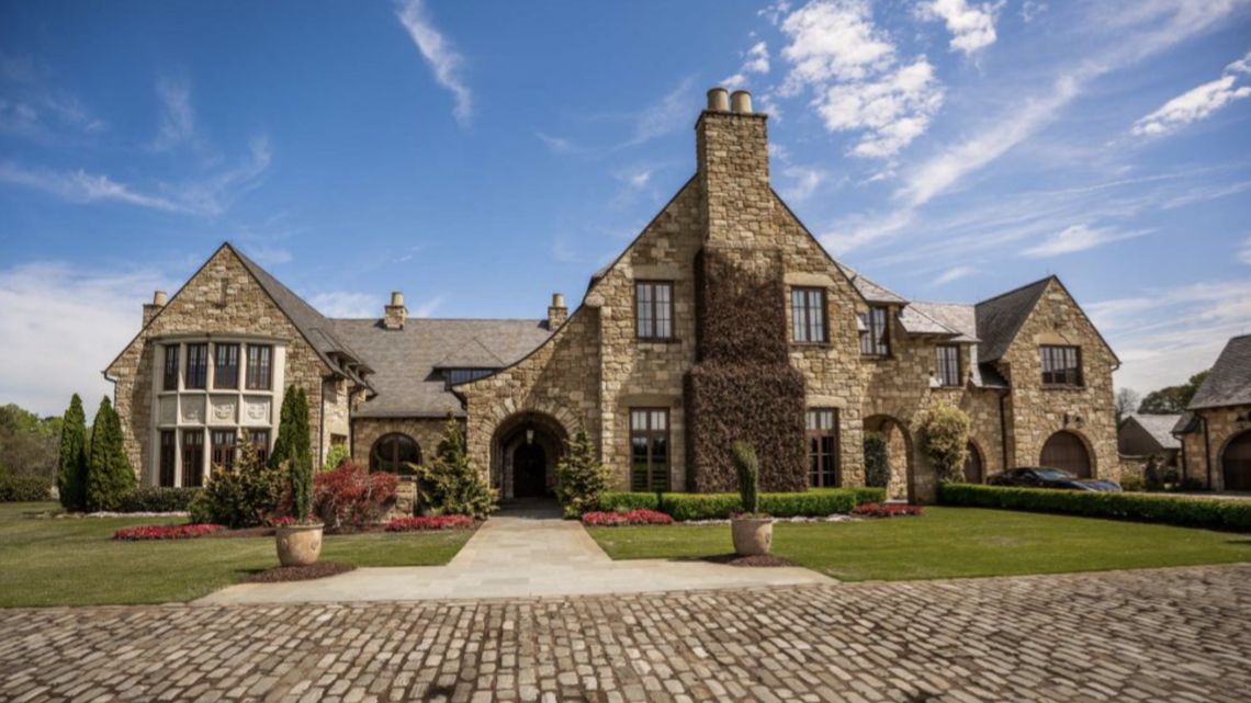 The house is built in the style of an English manor, covering 16,000 square feet.