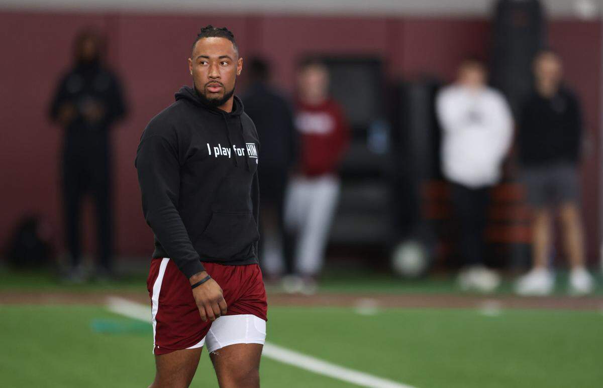 South Carolina linebacker Debo Williams (0) looks on during the Gamecocks’ annual NFL Pro Day in Columbia on Tuesday, March 18, 2025.