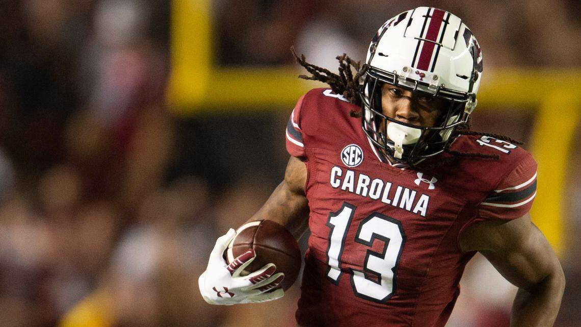 South Carolina wide receiver E.J. Jenkins (13) runs up field during the second half of an NCAA college football game against Kentucky, Saturday, Sept. 25, 2021, at Williams-Brice Stadium in Columbia, S.C. (AP Photo/Hakim Wright Sr.)