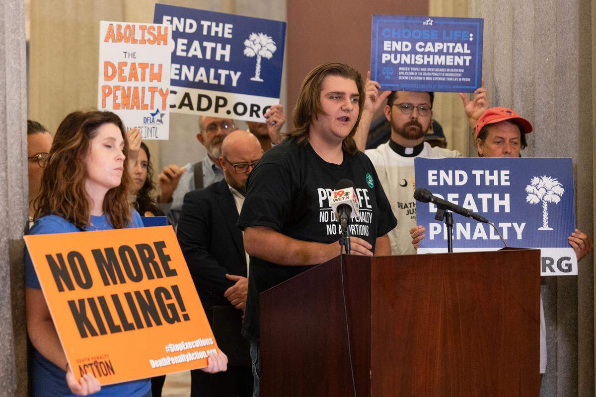 Hayden Laye, president of Demoracts for Life of South Carolina, speaks at the South Carolina State House and asks South Carolina Governor Henry McMaster to grant clemency to Khalil Allah, formerly known as Freddie Owens, and to follow the lead of other states and abolish the death penalty on Thursday, September 12, 2024.
