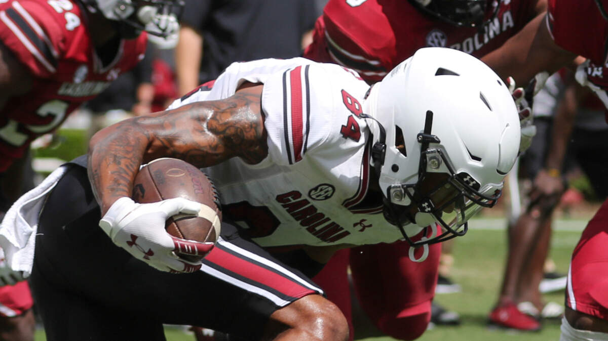 South Carolina receiver Rico Powers gains yardage in the 2021 spring game.