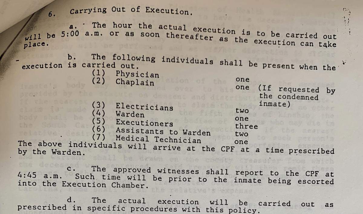 An excerpt from a 1984 edition of South Carolina’s execution protocol shows the physician listed first among those required to be in the death chamber.