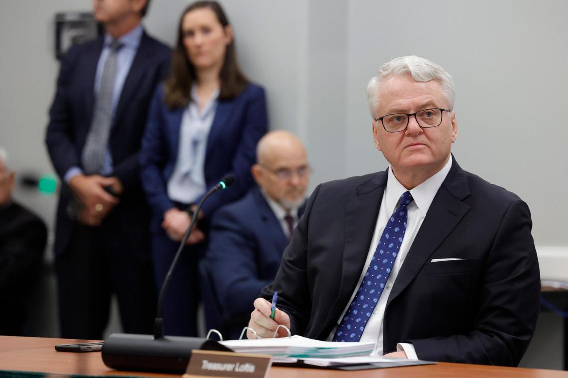Treasurer Curtis Loftis asks questions about the bid process for a building during a meeting of the State Fiscal Accountability Authority on Tuesday, March 26, 2024.