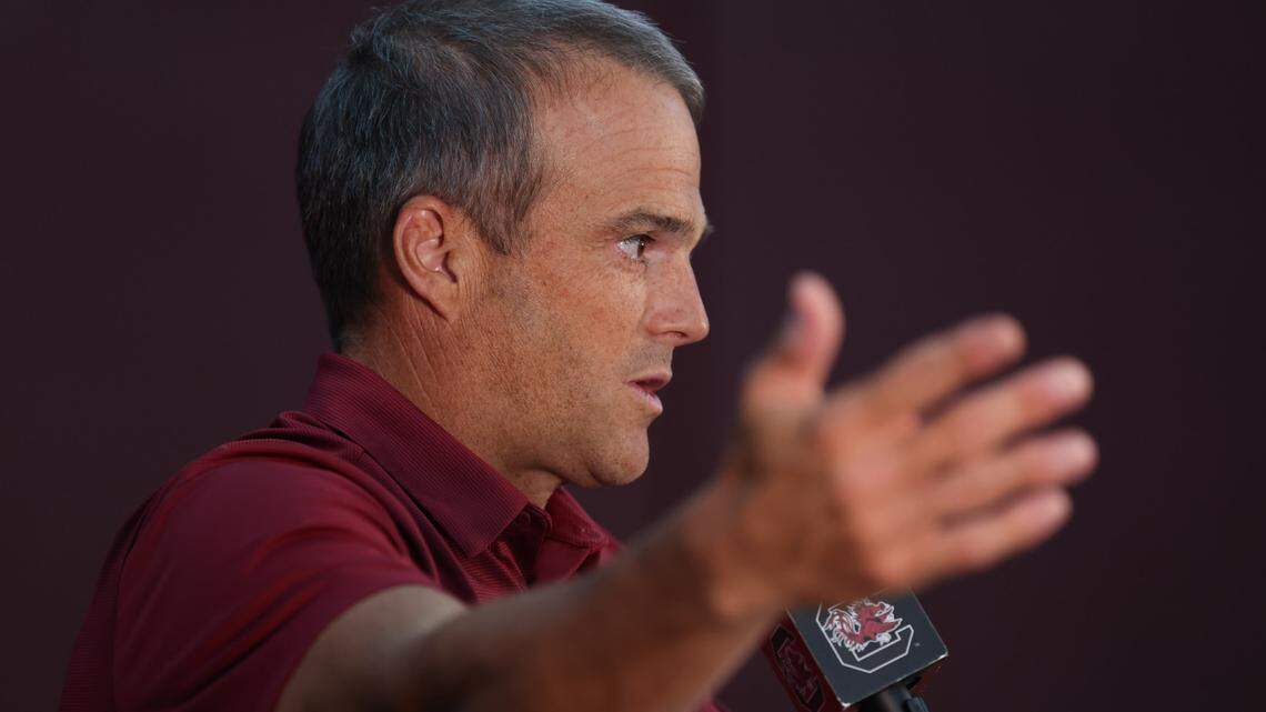 South Carolina head coach Shane Beamer speaks during media day in Columbia on Thursday, August 1, 2024.