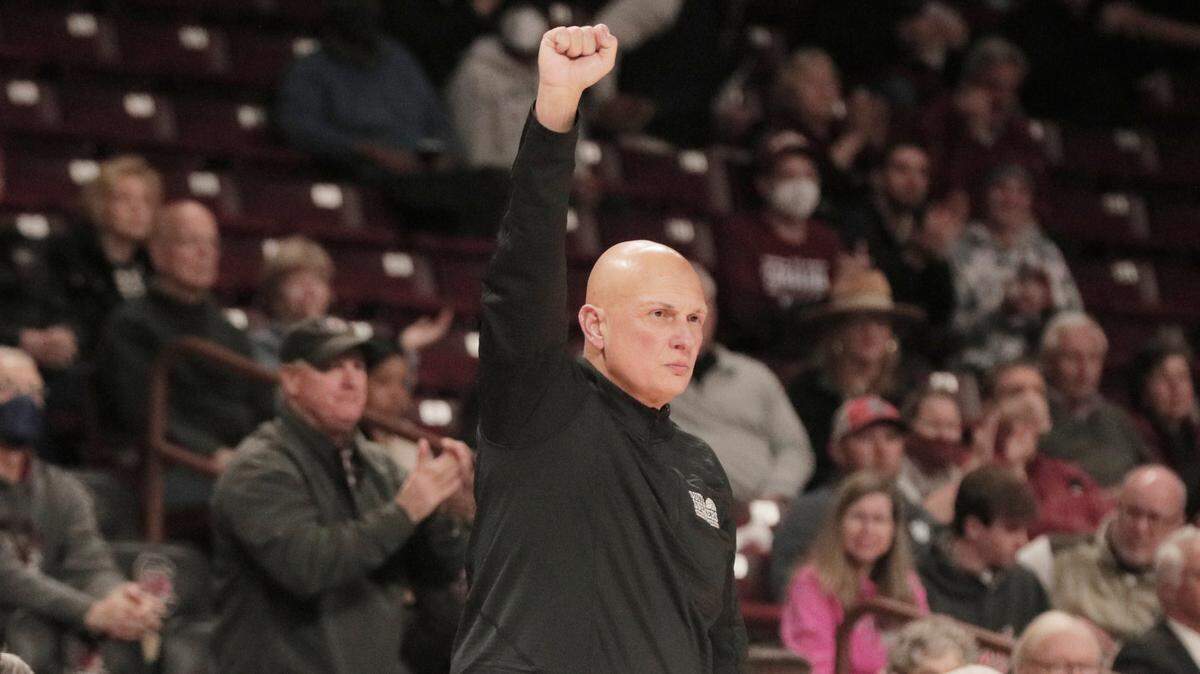 South Carolina’s head coach Frank Martin raises his fist while his team plays Vanderbilt at Colonial Life Arena on Wednesday, January 26, 2022.