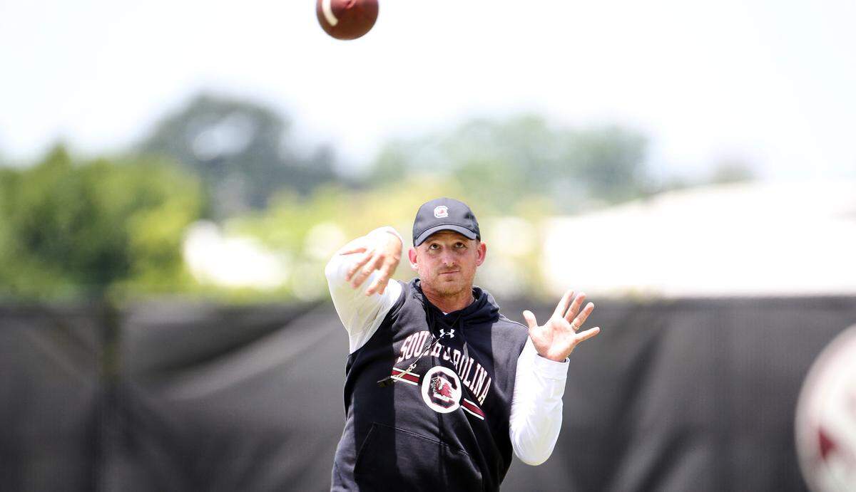 South Carolina offensive coordinator and QBs coach Marcus Satterfield at the Shane Beamer Football Camp held Thursday, June 9, 2022.