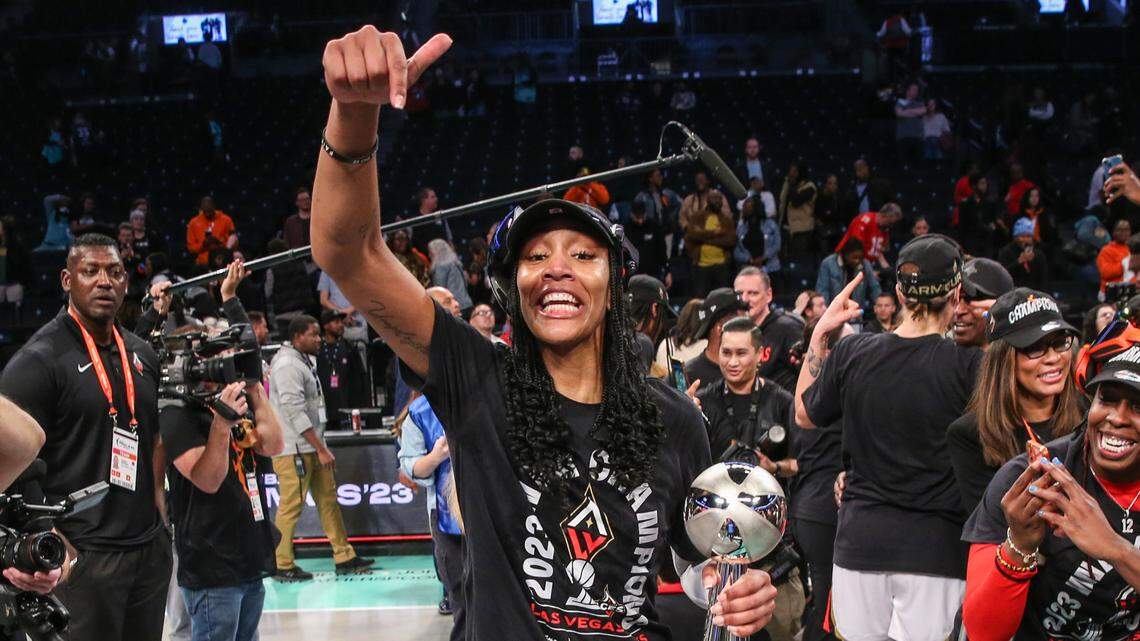 Las Vegas Aces forward A’ja Wilson (22) celebrates after winning the 2023 WNBA Finals at Barclays Center