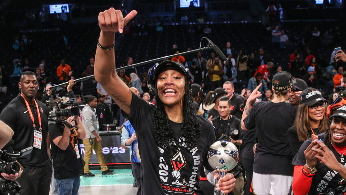 Las Vegas Aces forward A’ja Wilson (22) celebrates after winning the 2023 WNBA Finals at Barclays Center
