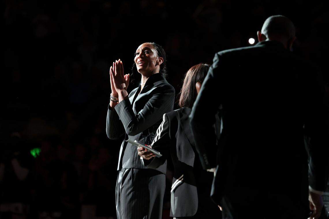 A’ja Wilson watches as her jersey is unveiled in the rafters at the Colonial Life Arena on Sunday, Feb. 2, 2025.