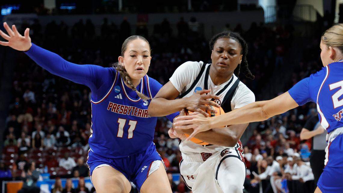 South Carolina’s MaLaysia Fulwiley (12) drives trough Presbyterian’s Sonia Sato (11) and Laney Scoggins (23) during the first half of action in the first round of the NCAA Tournament at the Colonial Life Arena in Columbia, SC, on Friday, Mar. 22, 2024