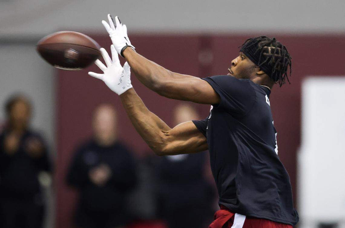 South Carolina defensive back Nick Emmanwori (7) pulls in a pass during the Gamecocks’ annual NFL Pro Day in Columbia on Tuesday, March 18, 2025.