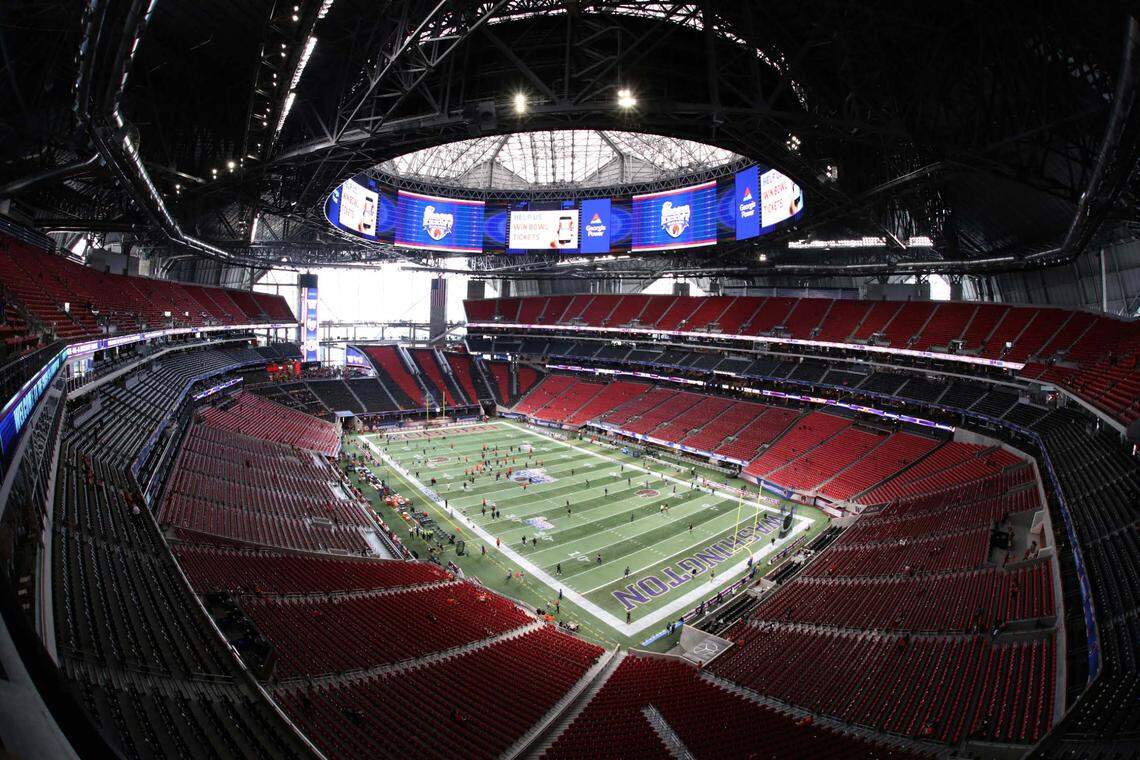 A general view of Mercedes-Benz Stadium before the 2018 Chick-fil-A Kickoff Game