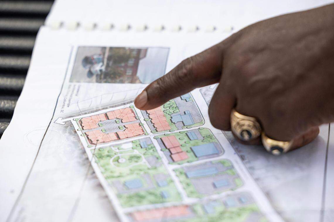 Irmo mayor Barry Walker shows sites laid out in the town’s masterplan for development on Thursday, January 12, 2023. He hoped two homeowners would sell their homes to the city to help move along the development project, but plans to move along without the land their homes are on.