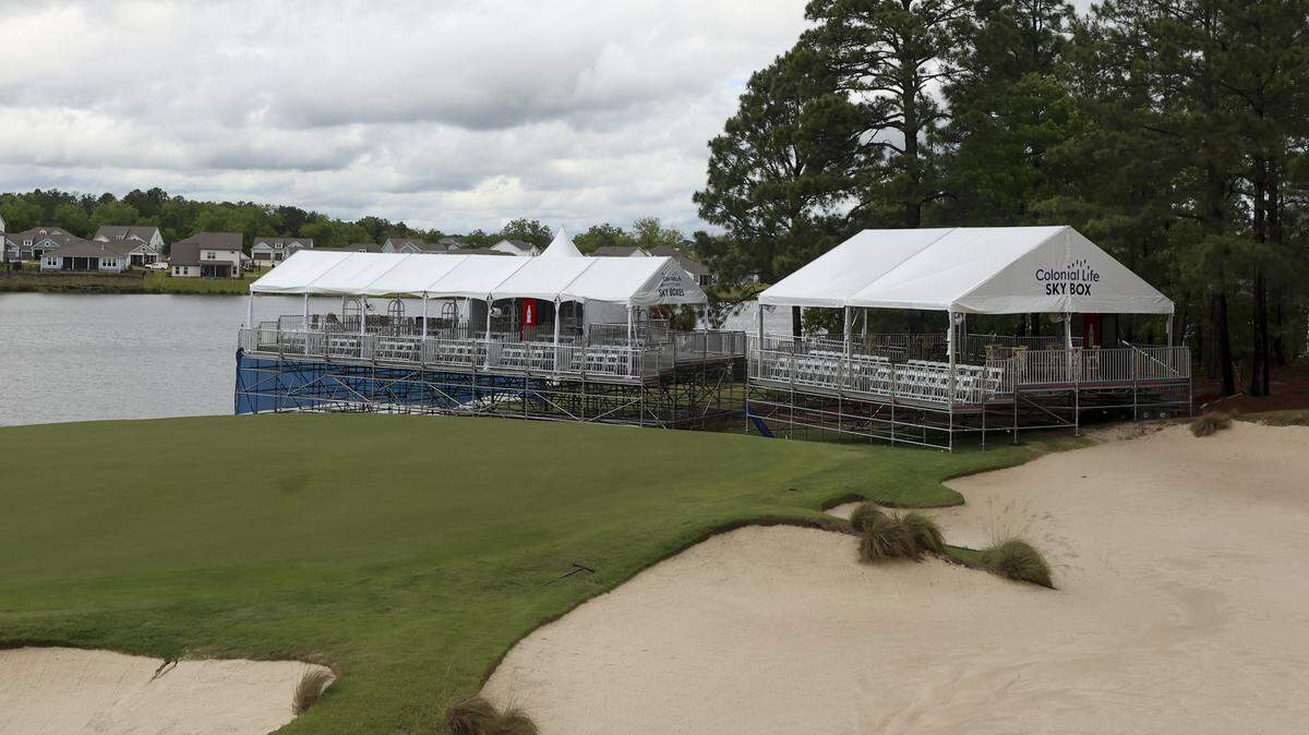 Covered sky boxes line the 18th hole at Woodcreek Club on Thursday, May 7, 2026. The course is hosting the Korn Ferry Tour’s Colonial Life Charity Classic golf tournament starting on Thursday, May 14, 2026.