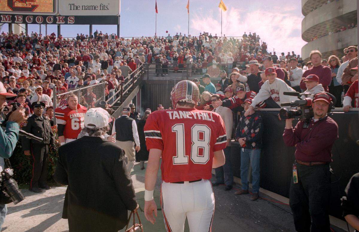 South Carolina quarterback Steve Taneyhill leaves the field for the final time as a senior after the Clemson game on Saturday, Nov. 18, 1995 in Columbia, S.C.