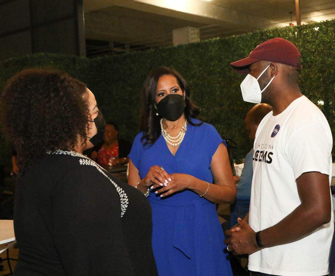 Democratic candidate for SC Governor Mia McLeod speaks to supporters at a gathering at her Columbia campaign headquarters on Tuesday, June 14, 2022.