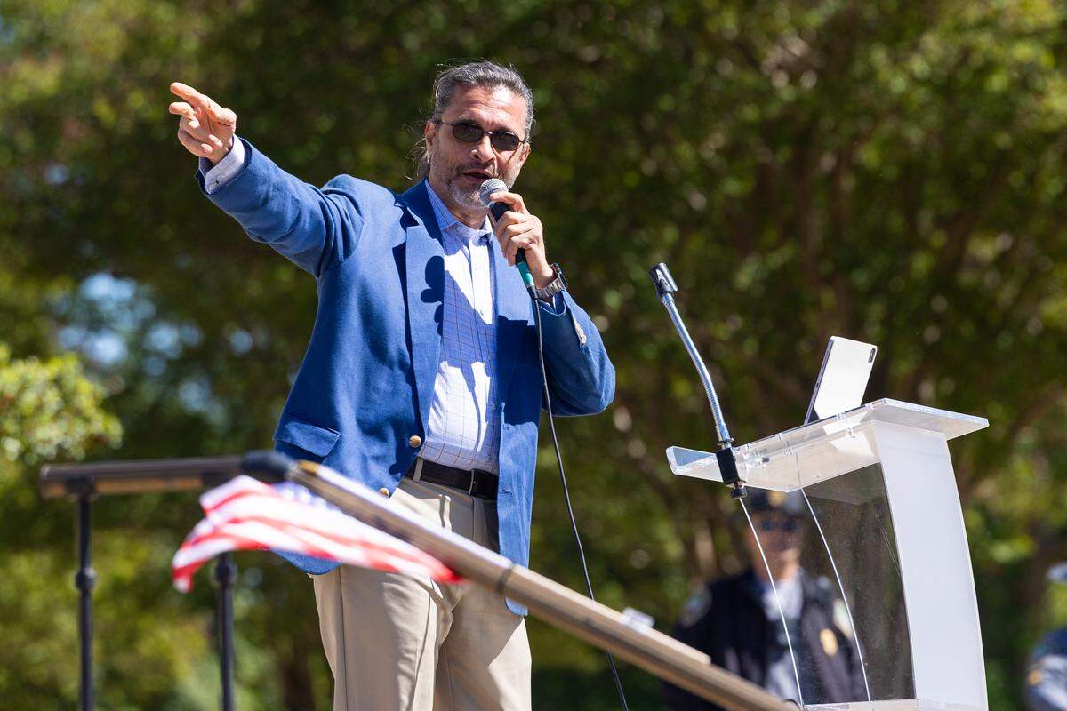 Walid Hakim, a Green Party candidate for South Carolina governor, speaks at a No Kings rally at the South Carolina State House on Saturday, March 28, 2026. He says he has a 100-year plan for South Carolina.