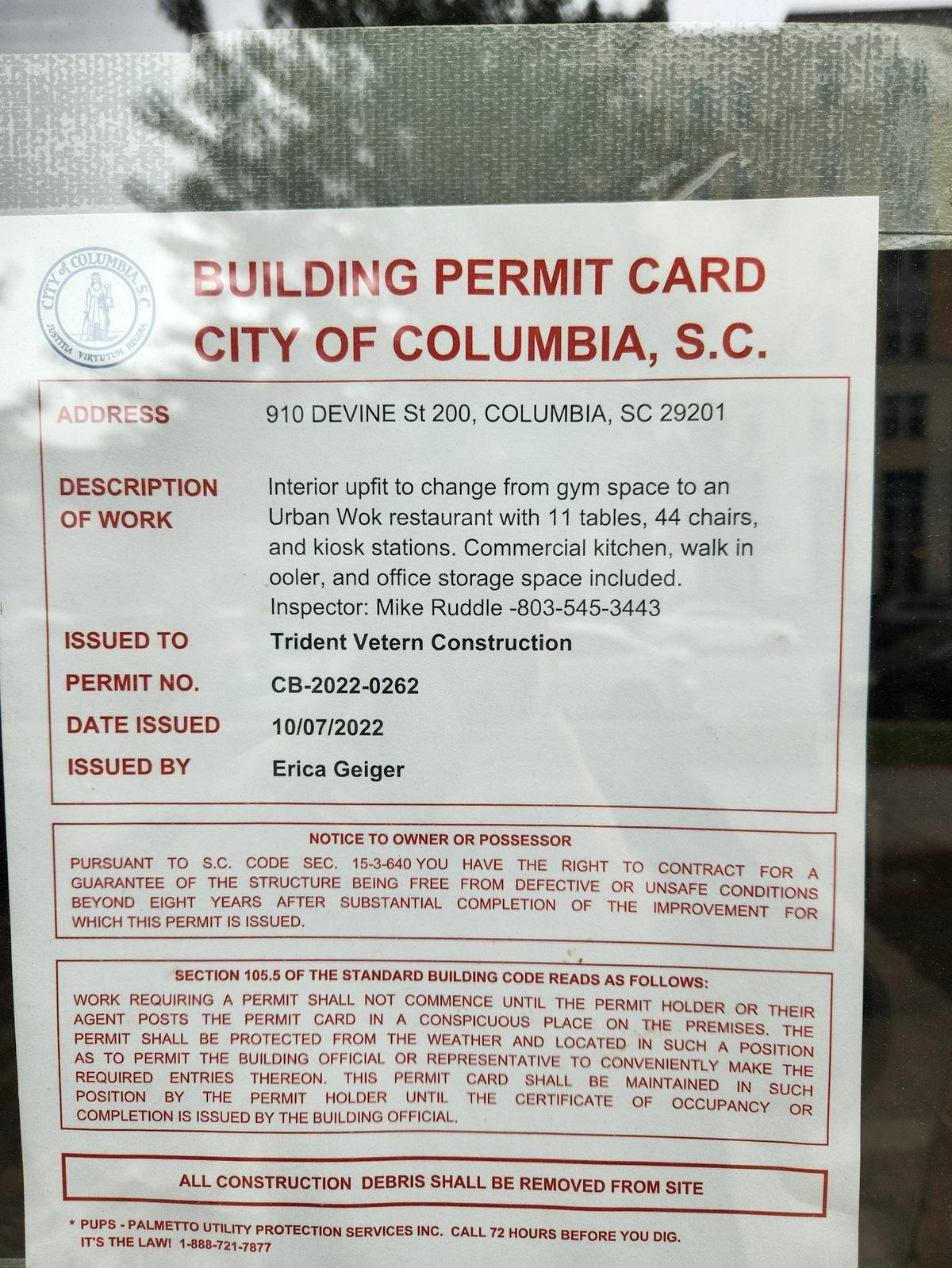 A city of Columbia building permit shows that an Urban Wok restaurant is under construction at 910 Devine St. suite 200, in the 650 Lincoln development near Colonial Life Arena.