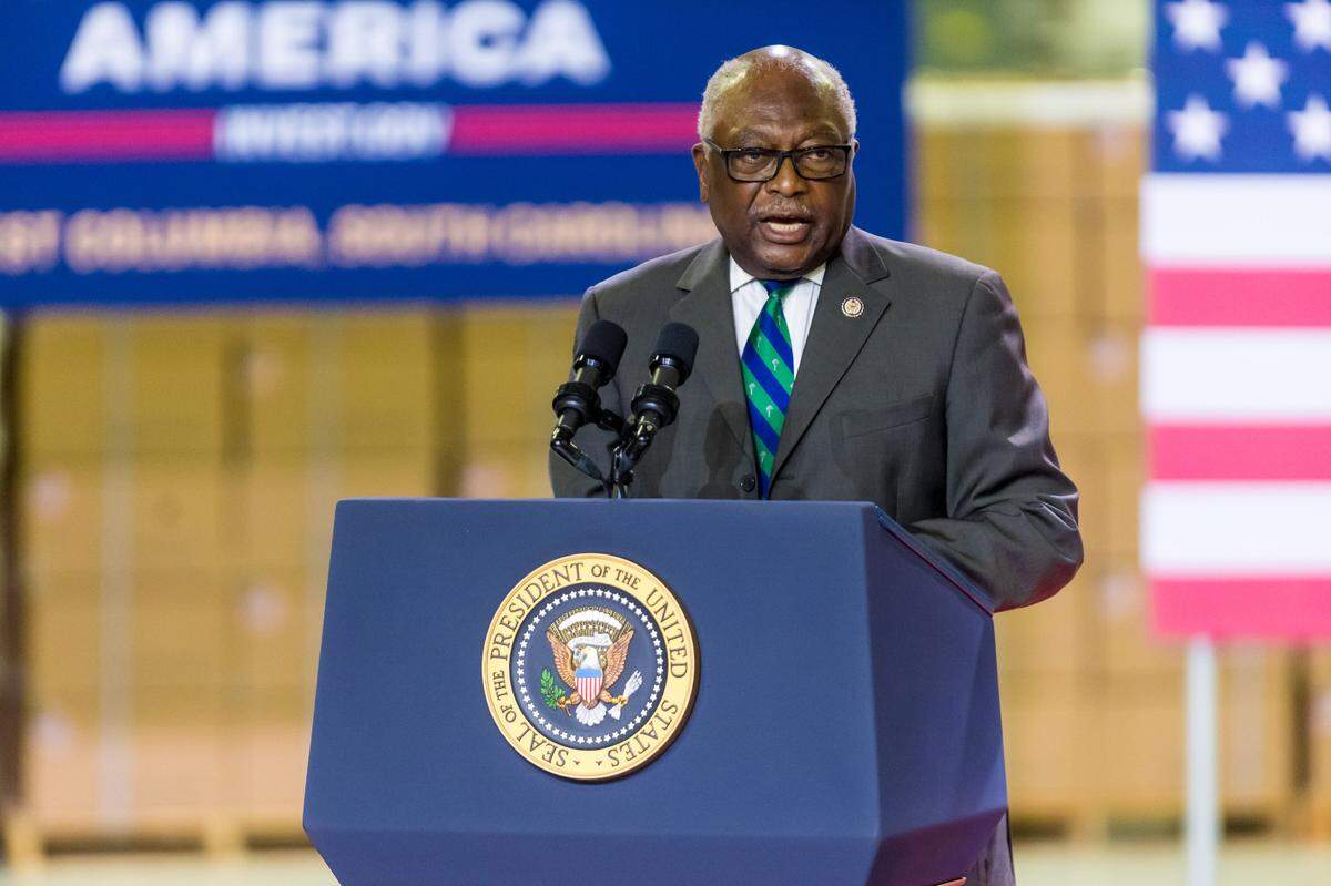 U.S. Representative James Clyburn speaks before President Joe Biden’s arrival at Flex LTD in West Columbia, SC, Thursday, July 6, 2023.
