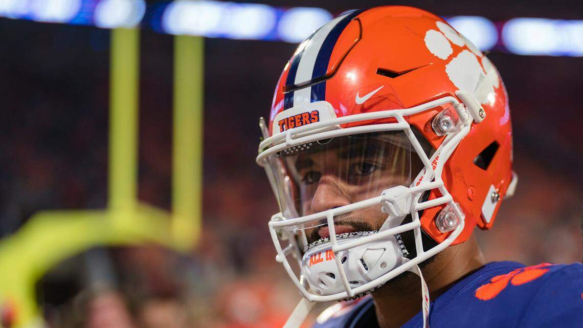 Clemson quarterback DJ Uiagalelei walks off the field after defeating Louisville in an NCAA college football game, Saturday, Nov. 12, 2022, in Clemson, S.C.
