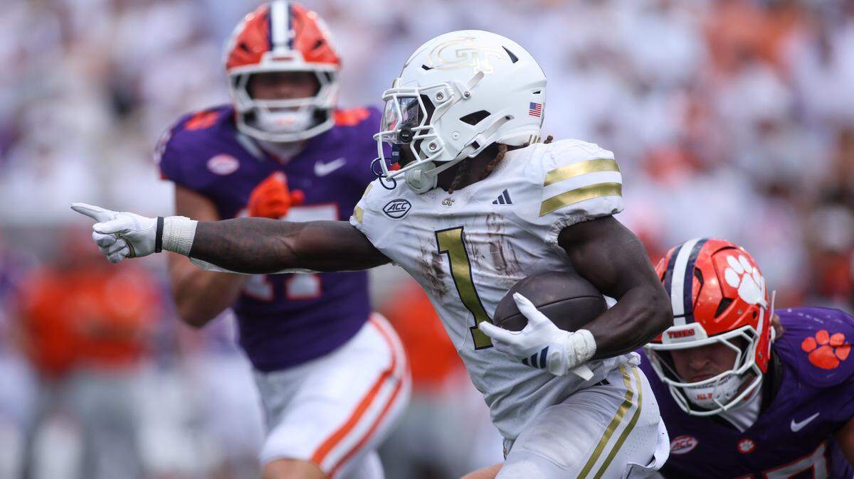 Georgia Tech Yellow Jackets running back Jamal Haynes (1) runs the ball against the Clemson Tigers in the third quarter at Bobby Dodd Stadium at Hyundai Field.