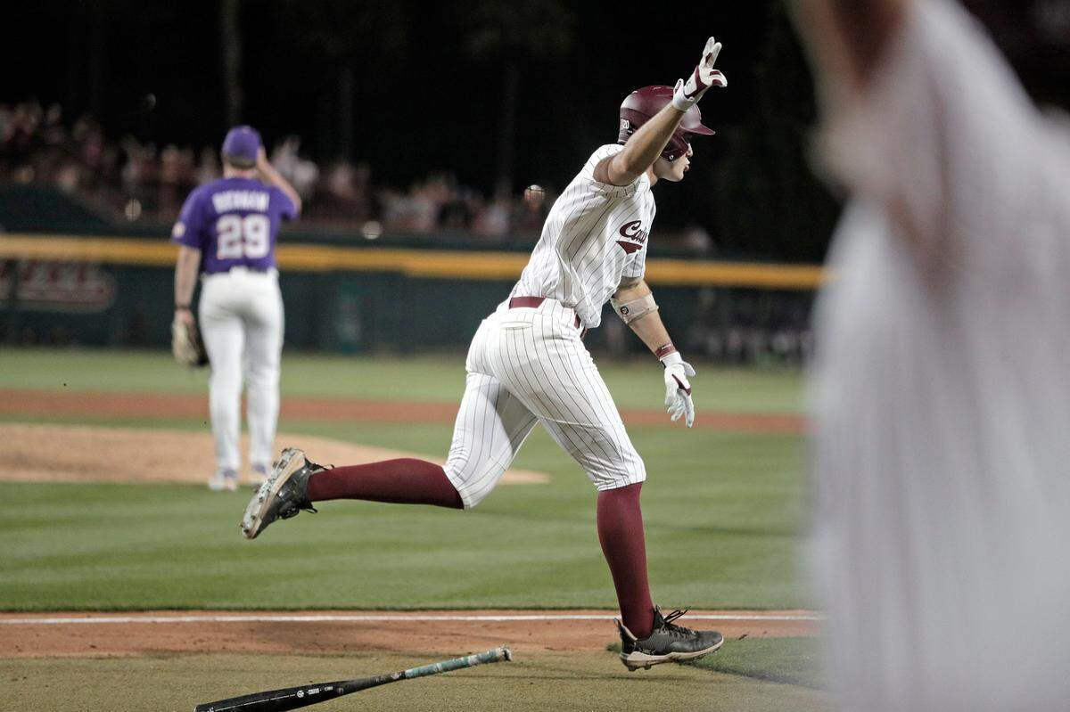 South Carolina’s Ethan Petry connects for a grand slam Thursday against LSU in Game 1 of their series at Founders Park.