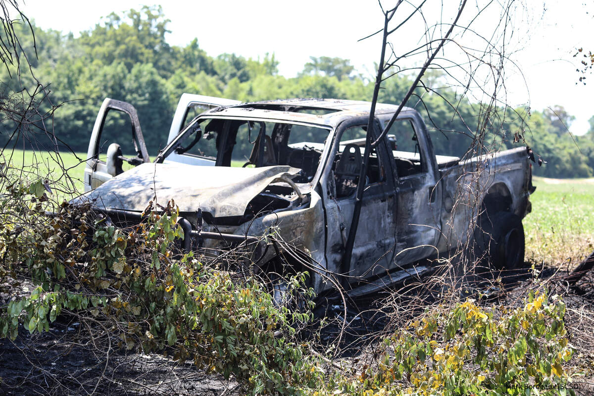 The remains of a stolen pickup truck that burst into flames on Interstate 95 on June 25, 2024. 