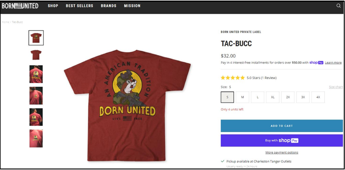 Born United sells in military and gun-themed apparel alongside President Donald Trump merchandise both in retail stores and online.