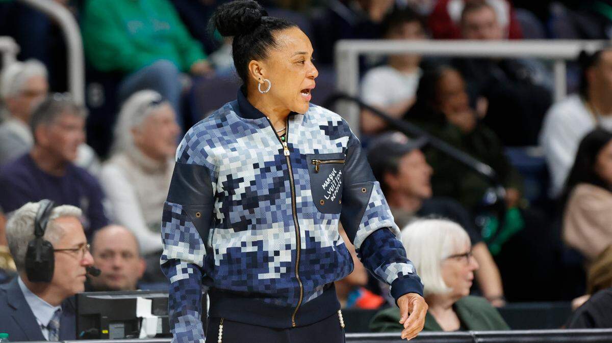 University of South Carolina Head Coach Dawn Staley watches her team during the first half of action in the Sweet 16 round of the NCAA Tournament at the MVP Arena in Albany, NY on Friday, March. 29 2024.