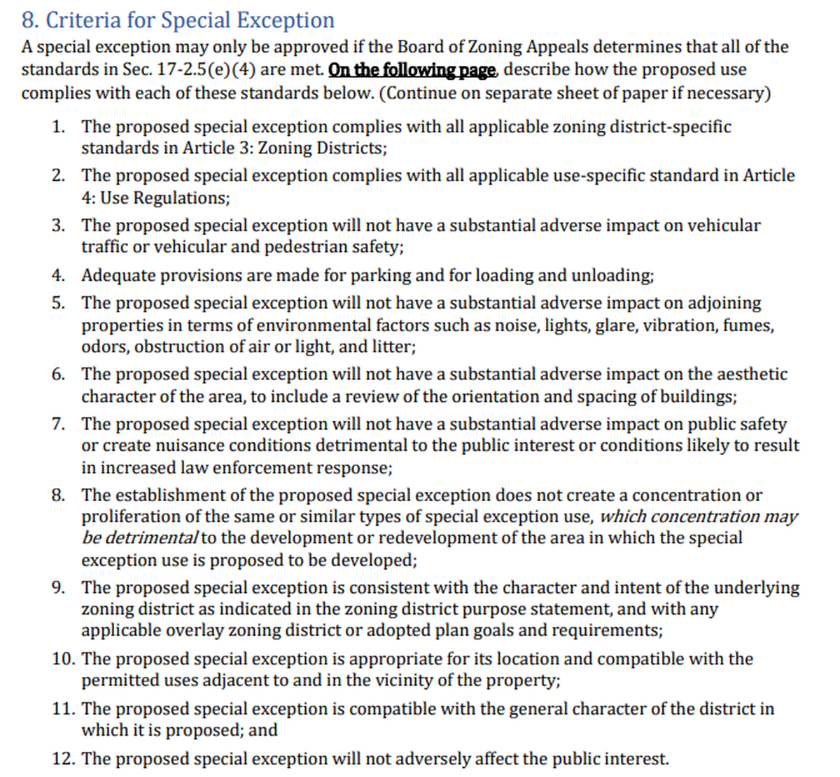 The 12 requirements to receive a special exception in the city of Columbia are laid out here, in a portion of a Board of Zoning Appeals application.