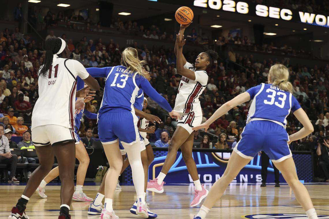 South Carolina's Joyce Edwards (8) shoots during the first half of action of their women's basketball game in the SEC Tournament, against Kentucky at the Bon Secours Wellness Arena on Friday, March 6, 2026.