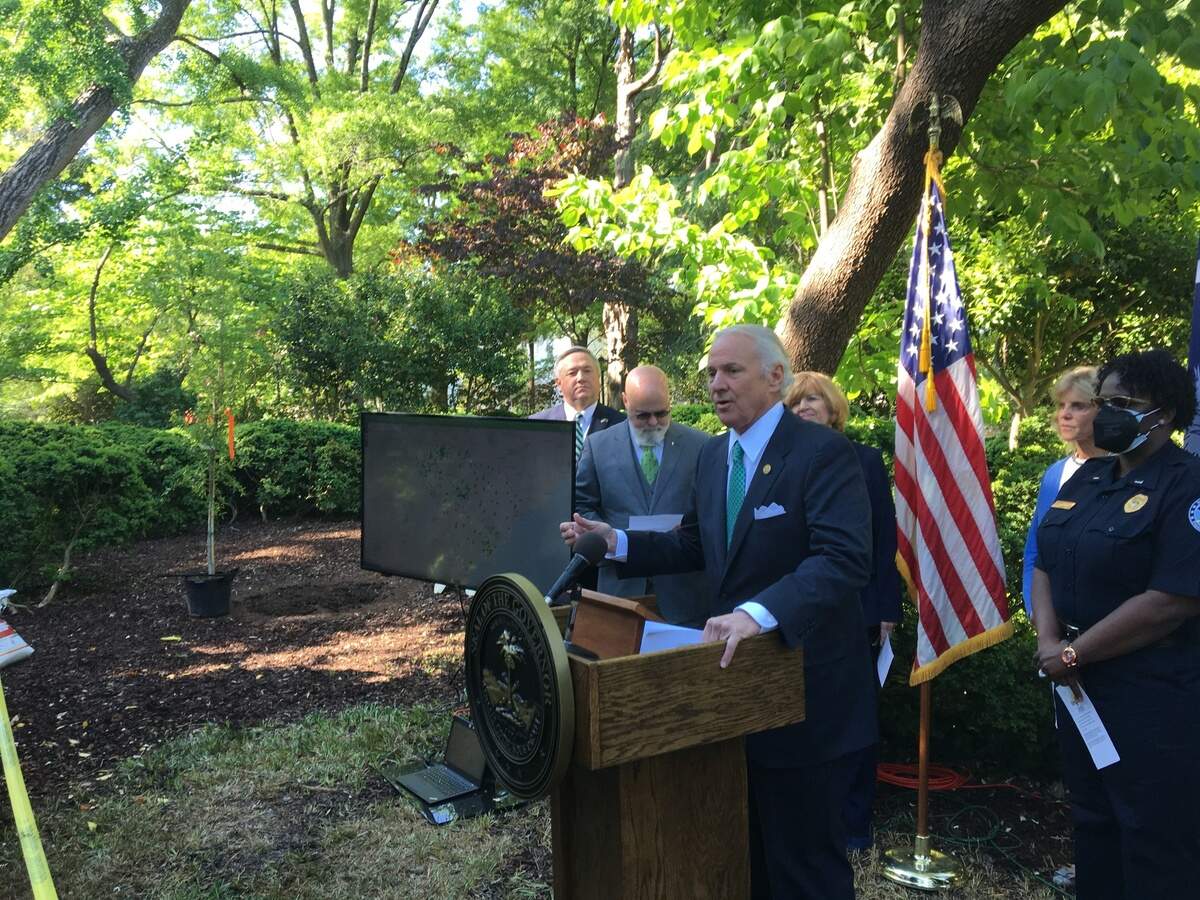 Gov. Henry McMaster announces an initiative to plant more than 3 million pine trees in South Carolina. It’s part of an effort to help control flooding. In the background, immediately to the governor’s right, is SC Floodwater Commission Chairman Tom Mullikin.