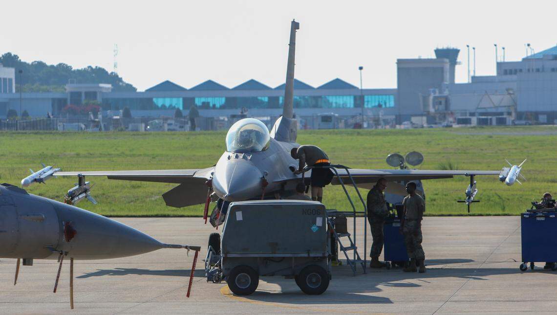 The 169th Fighter Wing of the South Carolina Air National Guard is temporarily stationed at the Columbia Metropolitan Airport while renovations take place at their home at McEntire Joint National Guard Base. The unit, with 25 F-16 jets will conduct its training daily.