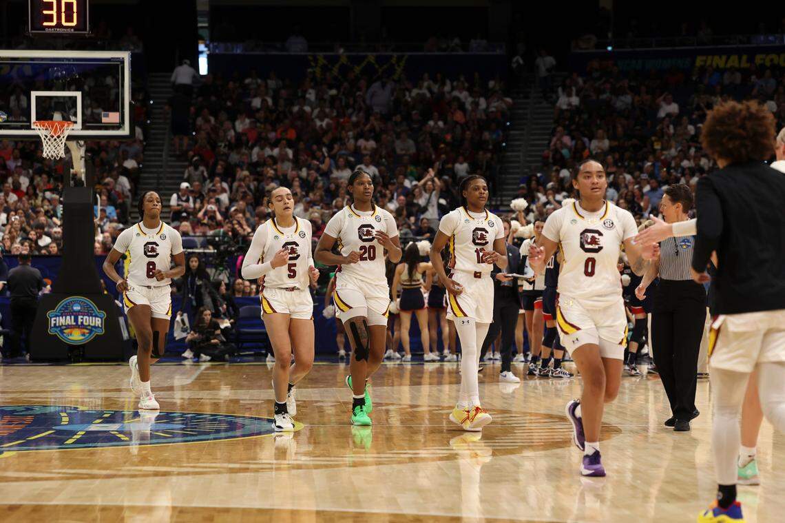 The Gamecocks take ta time out during the second half of action against the University of Connecticut for the NCAA National Championship at Amalie Arena in Tampa, Fla. on Sunday, April 6, 2025.