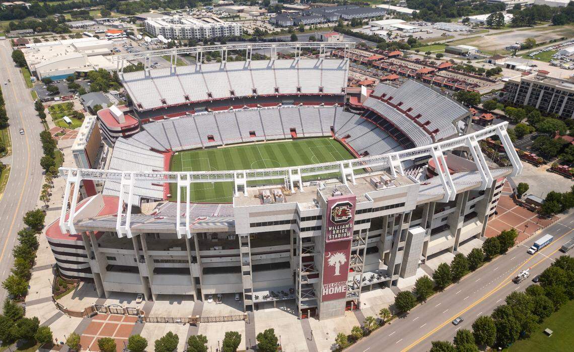 Williams-Brice Stadium is painted Tuesday for the Rivals in Red tour matchup Saturday between Premier League teams Liverpool and Manchester United. The two United Kingdom soccer teams are some of the most popular in America.